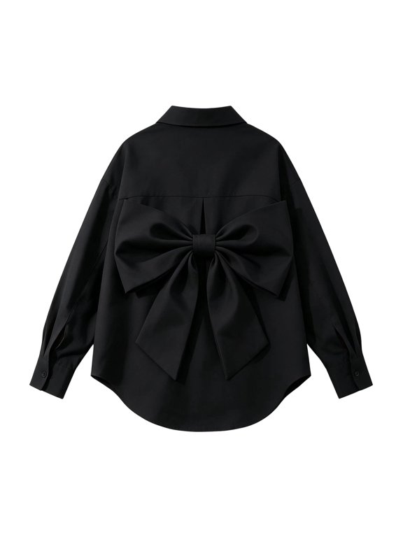 Girls Back Big Bow Button Down Shirt, Lapel Long Sleeve Loose Curved Hem Tunic Blouse, Summer Casual Back to School Performance Top for Kids(Black,7-8 Years)