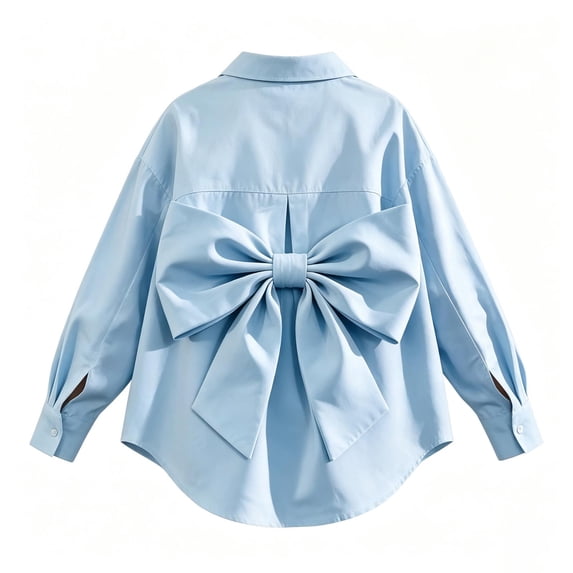 Girls Back Big Bow Button Down Shirt, Lapel Long Sleeve Loose Curved Hem Tunic Blouse, Summer Casual Back to School Performance Top for Kids(Light Blue,9-10 Years)