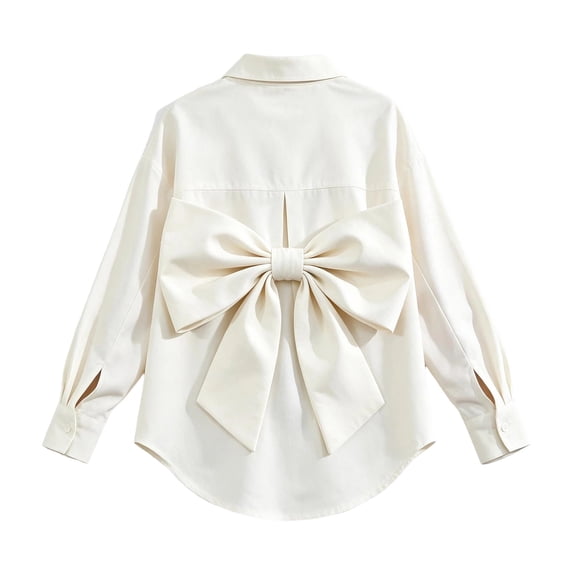 Girls Back Big Bow Button Down Shirt, Lapel Long Sleeve Loose Curved Hem Tunic Blouse, Summer Casual Back to School Performance Top for Kids(White,13-14 Years)