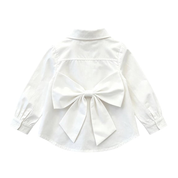 Girls Back Big Bow Long Sleeve Button Down Shirt, Loose Curved Hem Sweet Blouse for Big Kids, Versatile Top for Back to School Outdoor Performance(White,9-10 Years)