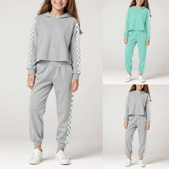 Girls Back To School Outfits Size 10 Girl's Clothing Sets Plaid 2 Piece Outfits Long Sleeve Hooded Sweatshirt and Sweatpants Kids Sweatsuits 4-12 Years