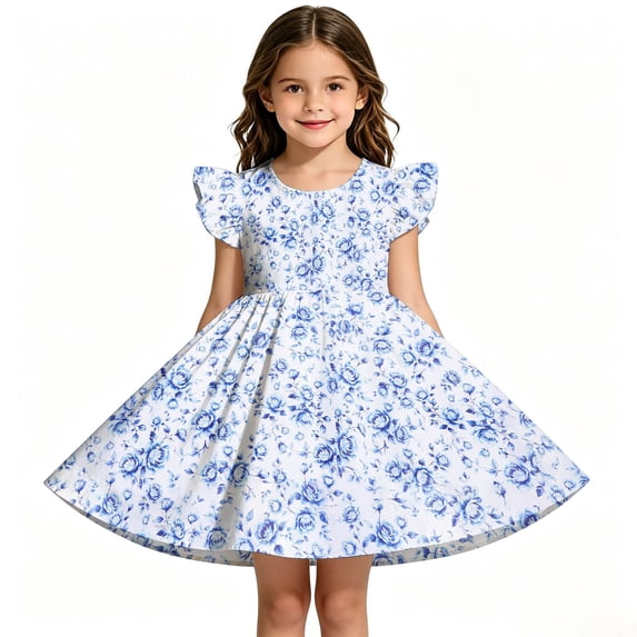 Girls Back to School Dress Flutter Sleeve Printed Casual Daily Dress for Kids 3 10Y