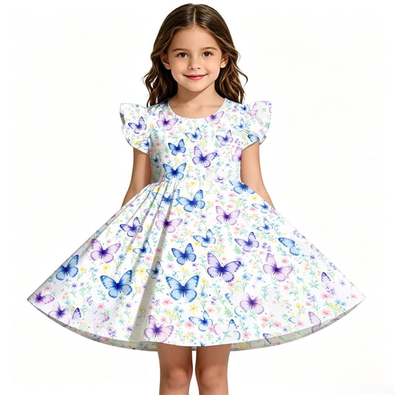 Girls Back to School Dress Flutter Sleeve Printed Casual Daily Dress for Kids 3 10Y