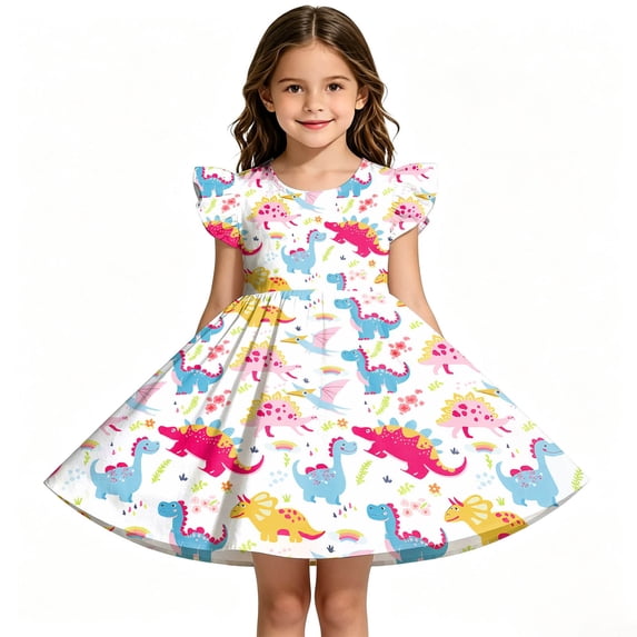 Girls Back to School Dress Flutter Sleeve Printed Casual Daily Dress for Kids 3 10Y