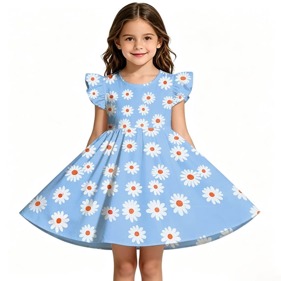 Girls Back to School Dress Flutter Sleeve Printed Casual Daily Dress for Kids 3 10Y