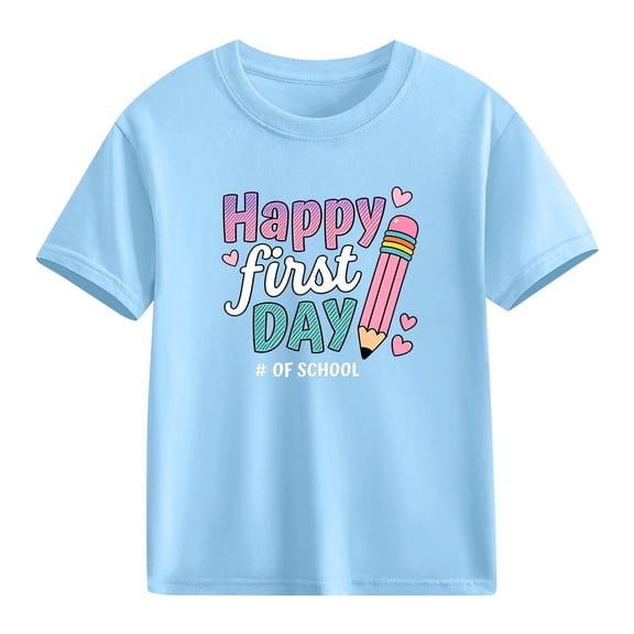 Girls Back to School Shirt First Day of School T-Shirt 2024 Happy Kids Cotton Short Sleeve Blue Tee,Size 9 T