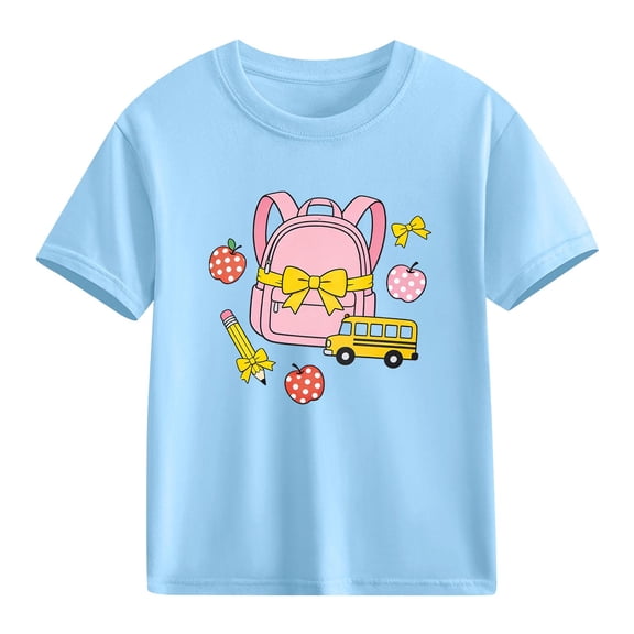 Girls Back to School T-Shirt 100% Cotton Short Sleeve Kids Graphic Tee with School Bus and Backpack in Blue,Size 7 T