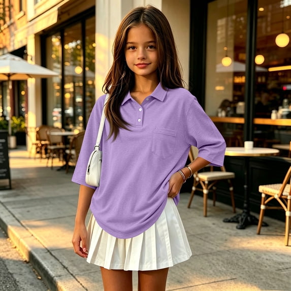 Girls Back to School Uniform Henley 3/4 Sleeve Button Closure Solid T Shirts Quick Dry Active Basic Pullover Polo Shirts, 130