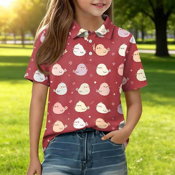 Girls Back to School Uniform Short Sleeve Henley Cute Cartoon Animal Print T Shirts Button Closure Active Causal Polo Shirts, 140
