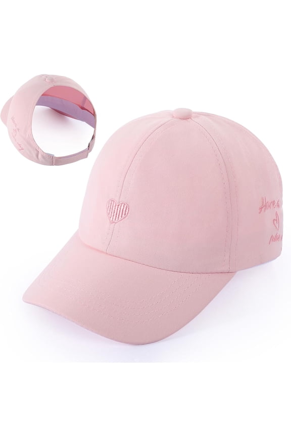 Girls Backless Baseball Cap Ponytail Hat, Love Heart Embroidered Baseball Hat Natural Curly Hair Caps for 3-8 Years