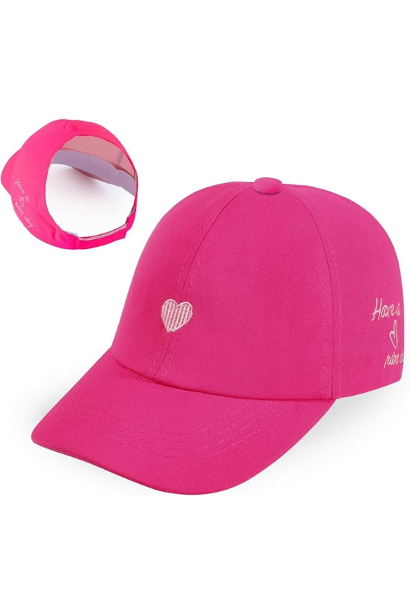 Girls Backless Baseball Cap Ponytail Hat, Love Heart Embroidered Baseball Hat Natural Curly Hair Caps for 3-8 Years