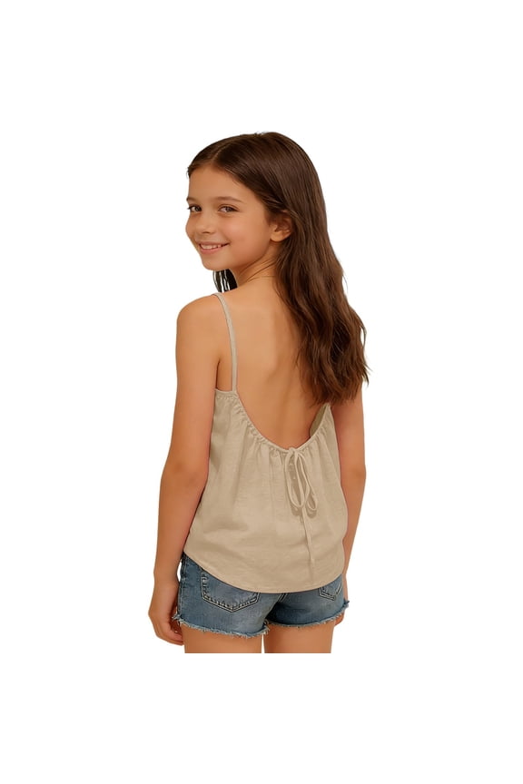 Girls' Backless Strappy Top Summer Solid Color Sleeveless Casual Loose T Shirt Khaki 8 Y-9 Y