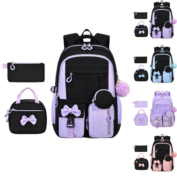 Girls Backpack with Lunch Box & Pencil Case Set, School Backpack for Girls with Large Water Bottle Holder Straps, Kids Backpack, Cute Bookbag for Elementary School & Travel (Black)