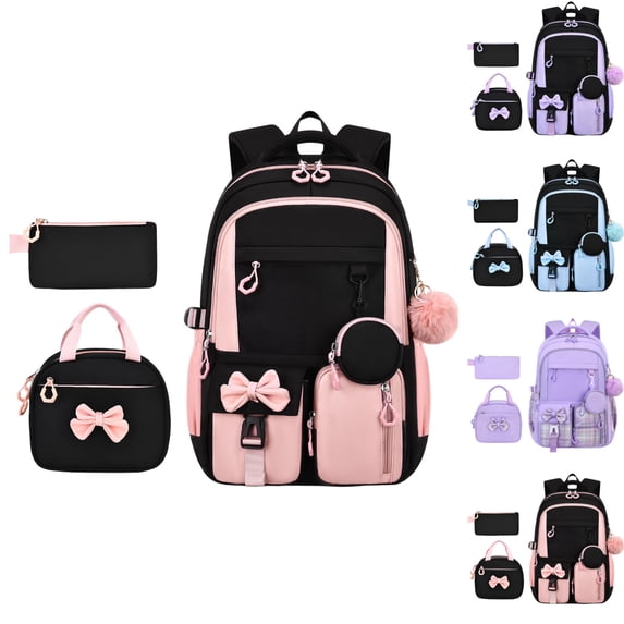 Girls Backpack with Lunch Box & Pencil Case Set, School Backpack for Girls with Large Water Bottle Holder Straps, Kids Backpack, Cute Bookbag for Elementary School & Travel (Pink)