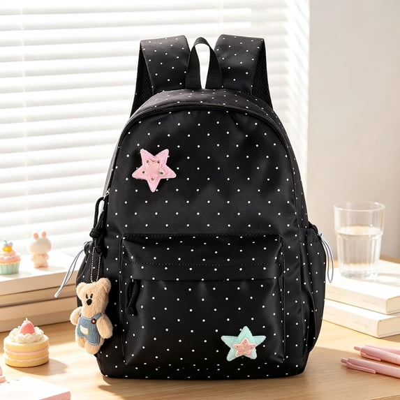 Girls Backpack Polka Dot Star Backpack Large Capacity Student School Daypack with Charm Black One Size