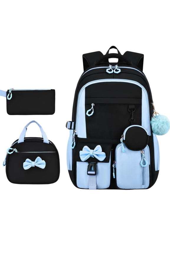Girls Backpack for School with Lunch Box & Pencil Case Set, 18.5 Inch Waterproof Cute Bow Girls Bookbag for Kids, Teens, Elementary Middle High College School Student (Blue)