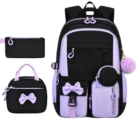 Girls Backpack for School with Lunch Box & Pencil Case Set, 18.5 Inch Waterproof Cute Bow Girls Bookbag for Kids, Teens, Elementary Middle High College School Student (Black)