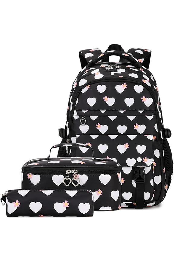 Backpack Set Heart-print School Bookbag Cute Lightweight Schoolbag Set with Lunch Box