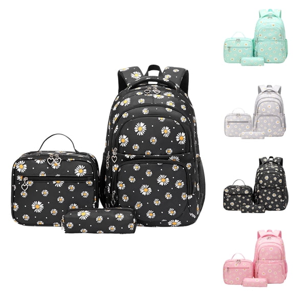 Girls Backpack Set with Lunch Box & Pencil Case, Floral Print Girls School Backpack for Elementary/Middle/High School (Black)
