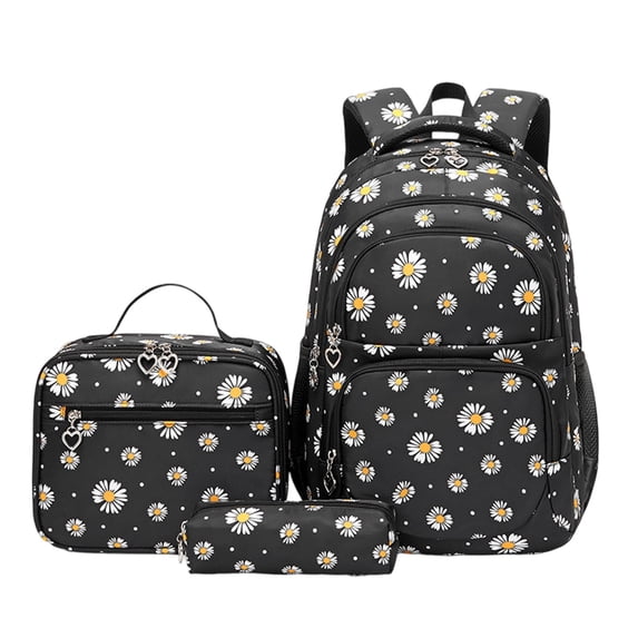 Girls Backpack Set with Lunch Box & Pencil Case, Floral Print Girls School Backpack for Elementary/Middle/High School (Black)