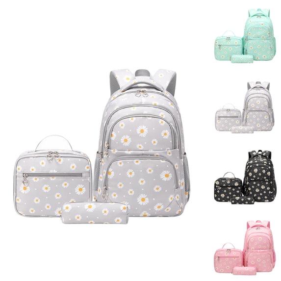 Girls Backpack Set with Lunch Box & Pencil Case, Floral Print Girls School Backpack for Elementary/Middle/High School (Gray)