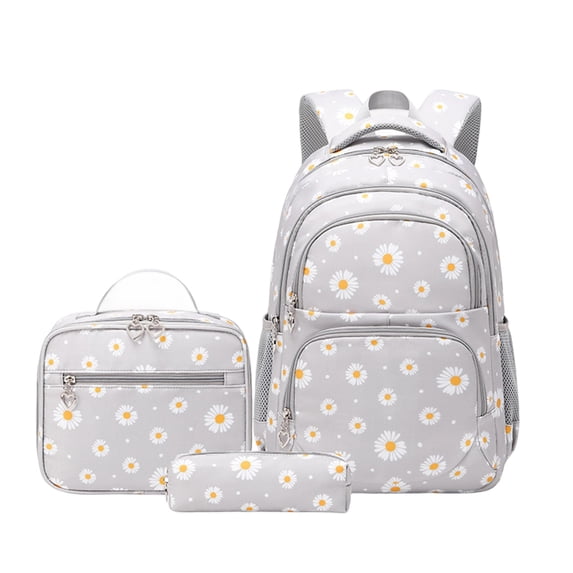 Girls Backpack Set with Lunch Box & Pencil Case, Floral Print Girls School Backpack for Elementary/Middle/High School (Gray)