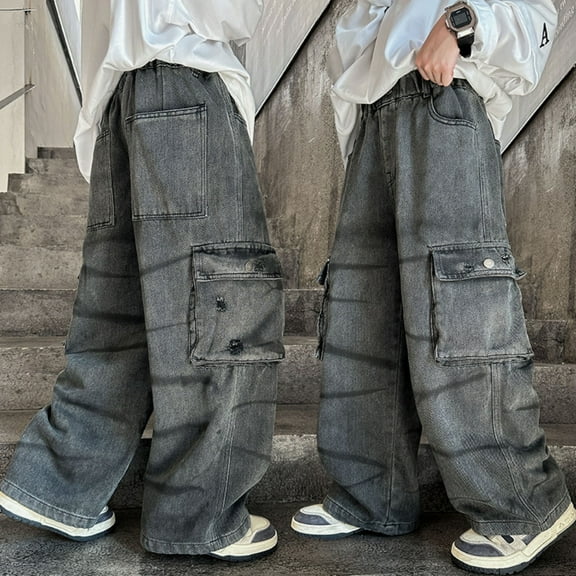 Girls Baggy Cargo Jeans Wide Leg Jeans for Girls Elastic Waist Girls' Cargo Jeans with Pocket Girls Summer Clothes 11-12 Years