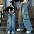 thumbnail image 1 of Cargo Jeans for Girls Wide Leg Jeans for Girls Elastic Waist Denim Pants with Pocket Kids Cargo Pants 5-6 Years, 1 of 8