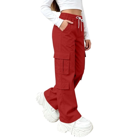 Girls Baggy Cargo Pants Elastic Waist Drawstring Stretch Casual Wide Leg Kids Hiking Pants Red 8