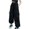 thumbnail image 1 of Girls Baggy Cargo Pants - Kids Elastic Waist Wide Leg Pants, Casual Lightweight High Waisted Outdoor Joggers Pants with Pockets Black 12T, 1 of 3