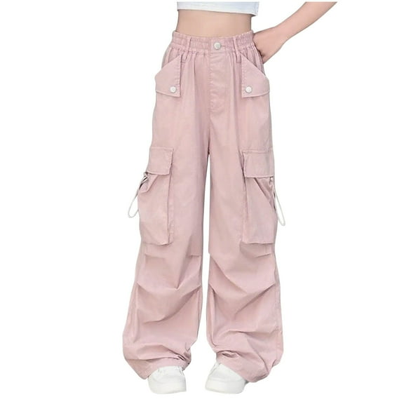 Girls Baggy Cargo Pants Loose Casual High Waisted Parachute Pants Drawstring Wide Leg Dance Trousers Streetwear Sweatpants for Boys 7Y