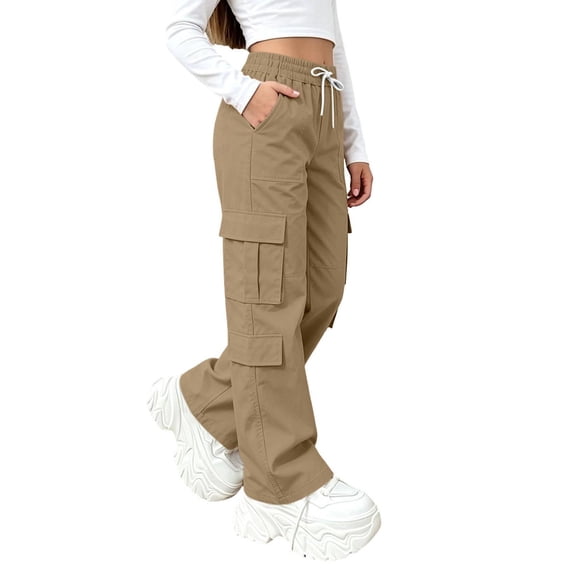 Girls Baggy Cargo Pants Wide Leg Casual Stretch Elastic Waist Drawstring Kids Hiking Pants Khaki 6-14