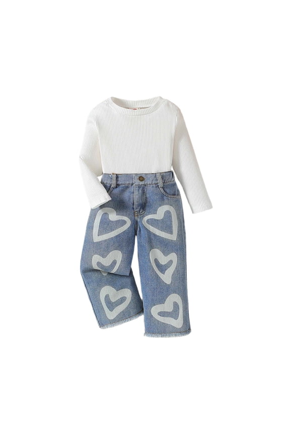 Girls Baggy Denim Pants Set Long Sleeve Ribbed Top Heart Print Jeans Spring 2 Piece Sets Set White 1 Y-2 Y