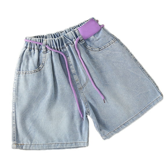 Girls Baggy Denim Shorts Pink Drawstring Elastic Waistband Fashionable Baggy Denim Shorts Purple 9 Y-10 Y