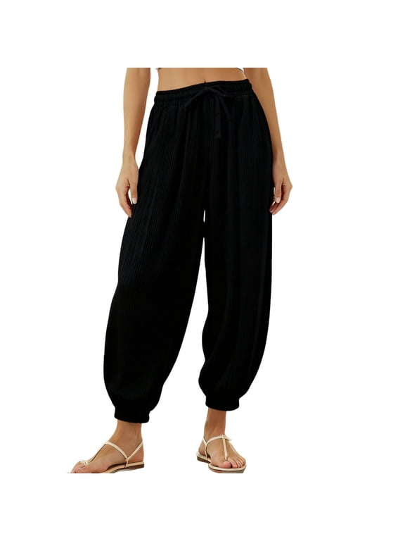 Girls Baggy Harem Pants Elastic High Waist Tapered Pants Casual Loose Flowy Trousers Lounge Yoga Pants with Pockets