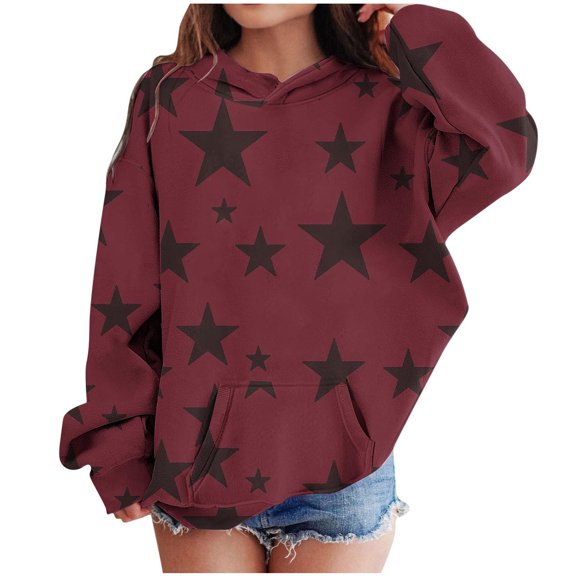 Girls Baggy Hoodies Stars Graphic Print Long Sleeve Unisex Hooded Sweatshirt Pullover Top for Ages 4-14T (9-10T, Wine)