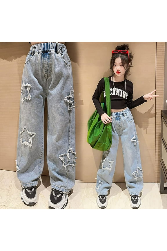 Girls Baggy Jeans Casual Wide Leg Denim Pants Jeans Kids Clothes Size 5 14 Years Juniors Jeans Size 4-5 Years