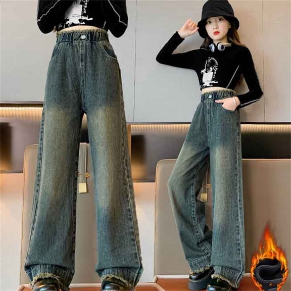 Girls Baggy Jeans Casual Wide Leg Denim Pants Jeans Kids Clothes Fashionable Girls' Jeans With Thick Insulation And Elastic Waistband Loose Casual Pants Size 5-15 Years