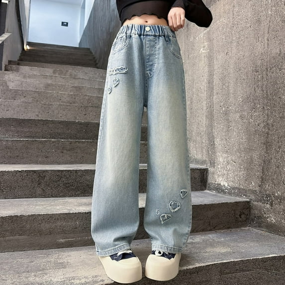 Girls Jeans Elastic High Waist Wide Leg Jeans Pants for Girls Summer Clothes for Girls