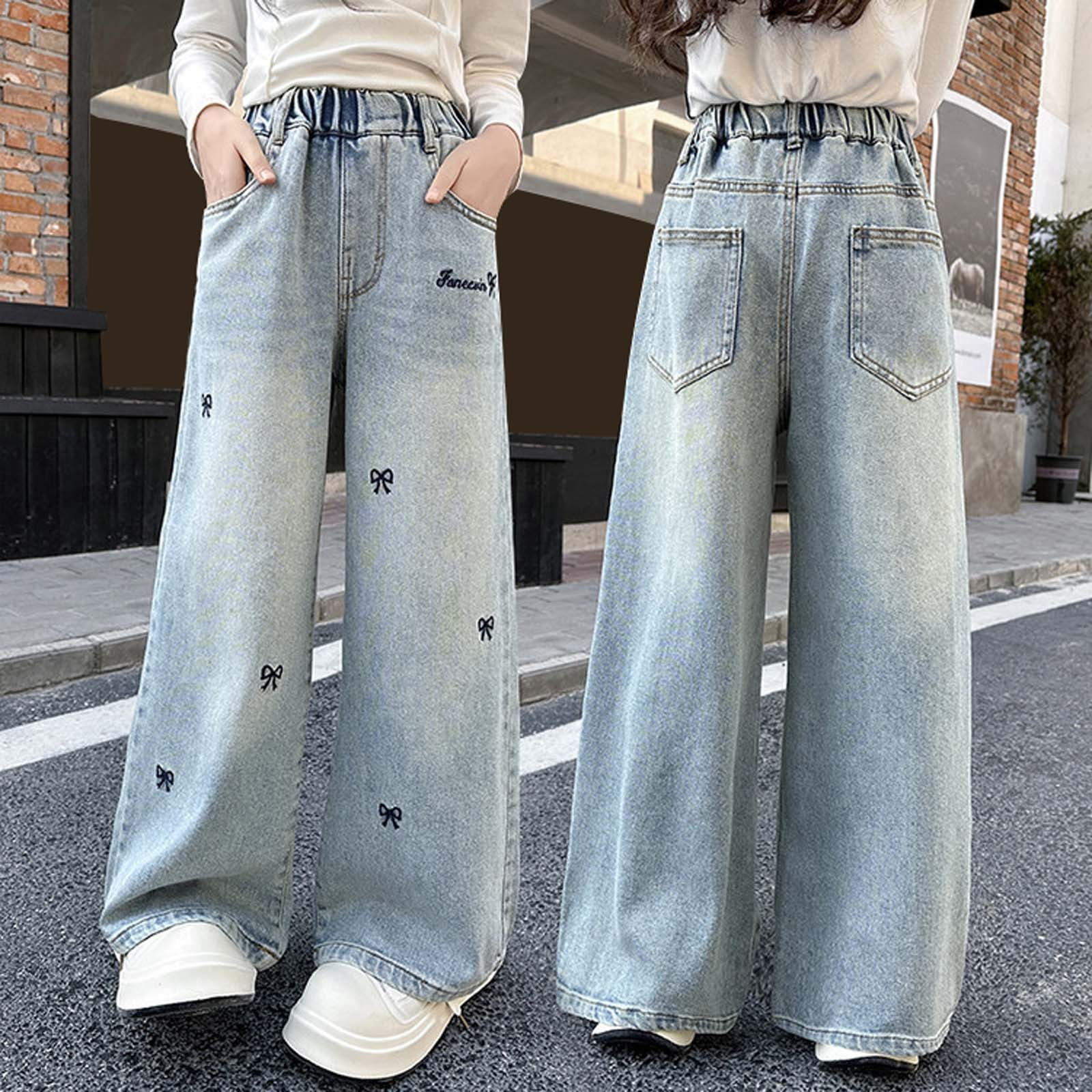 SRTUMEY Jeans voor Meisjes Kinderen Meisjes Denim Broeken Geribbeld, Geschorst, Gewassen, Baggy, Brede Been, Casual Jeans Maat 5-16 Jaar