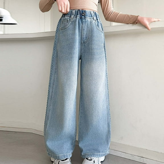 Girls Baggy Jeans Distressed Denim Pants Fashion Cute Personality Pants Elastic Waist Wide Leg Jeans Casual Demin Pants With Pockets 6-7 Years