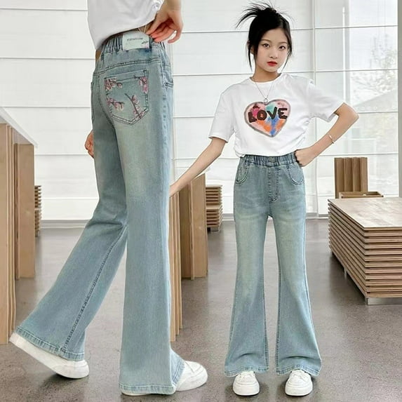 Girls Baggy Jeans Distressed Denim Pants Fashion Embroidered Pants Elastic Waist Wide Leg Jeans Loose Casual Demin Pants With Pockets 7-8 Years