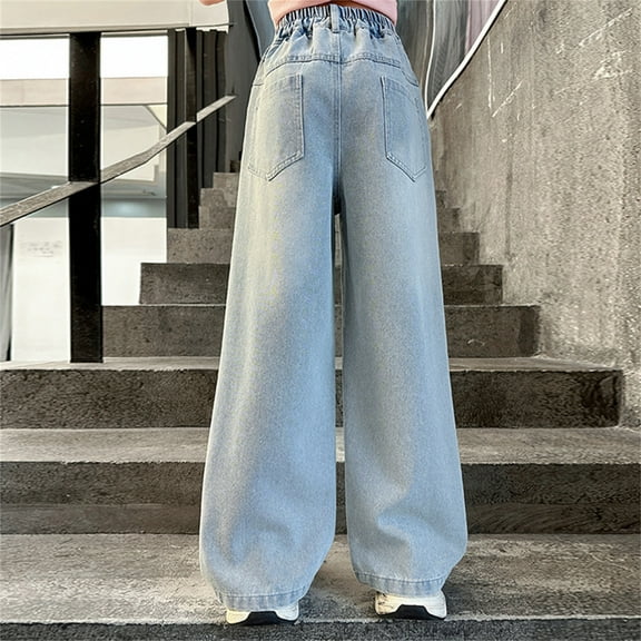 Girls Baggy Jeans Elastic High Waist Wide Leg Denim Pants Teen Clothing Cute Clothes 11-12Years Girls Fashion