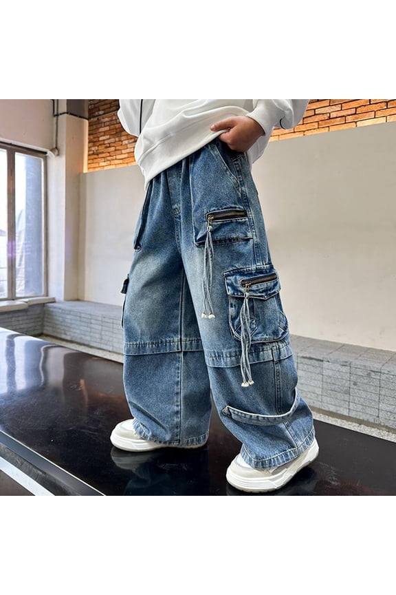 Girls Baggy Jeans Elastic Waist Drawstring Wide Leg Pants Cute Jeans for Teen Girls Uniform Pants for Boys 13-14 Years