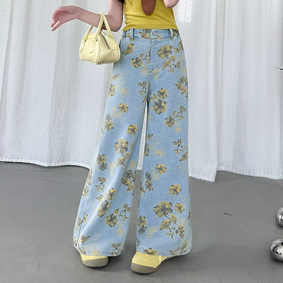 Girls Baggy Jeans - Elastic Waist Heart Patch Wide Leg Pants for Girls with Flat Pockets - Casual Fashion Clothes Boy Jeans Size 12-14 Strength