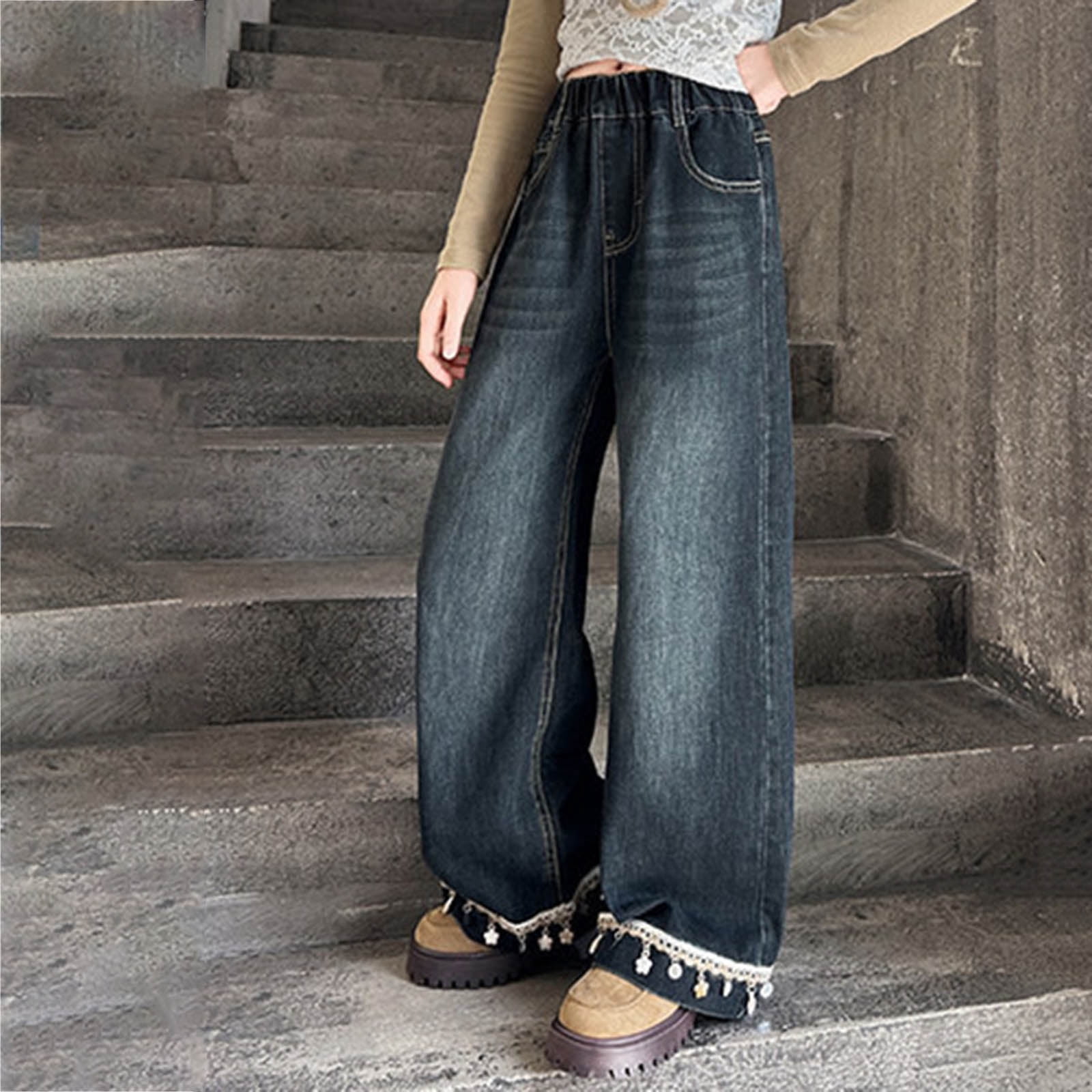 Girls Baggy Jeans With Lace Trim – Wide Leg, Loose Fit Casual Pants With Pockets
