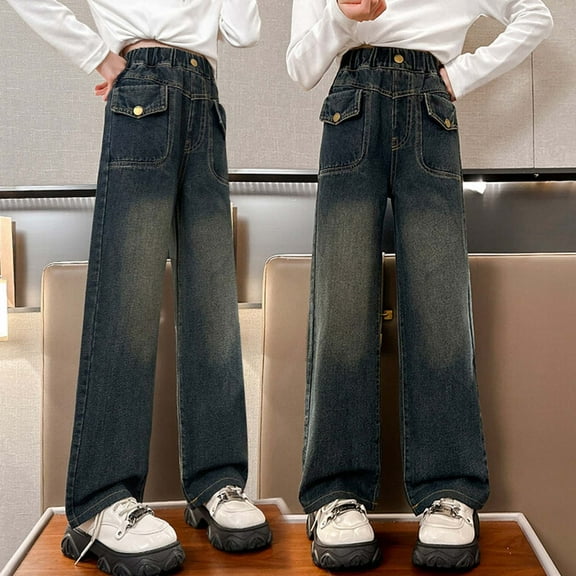 Girls Baggy Jeans Elastic Waist Wide Leg Pants Trousers for Teens Girls Clothes