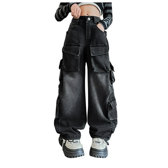 Girls Baggy Jeans Girls Cargo Pants Size 10-12 Girls Streetwear Denim Cargo Pants High Waist Floor Length Baggy Wide Leg Jeans with Multi Pockets Black 10-11 Years