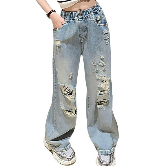 Girls Baggy Jeans High Waisted Wide Leg Pants Casual Pocket Teen Girls Jeans Clothes Size 5-14 Years
