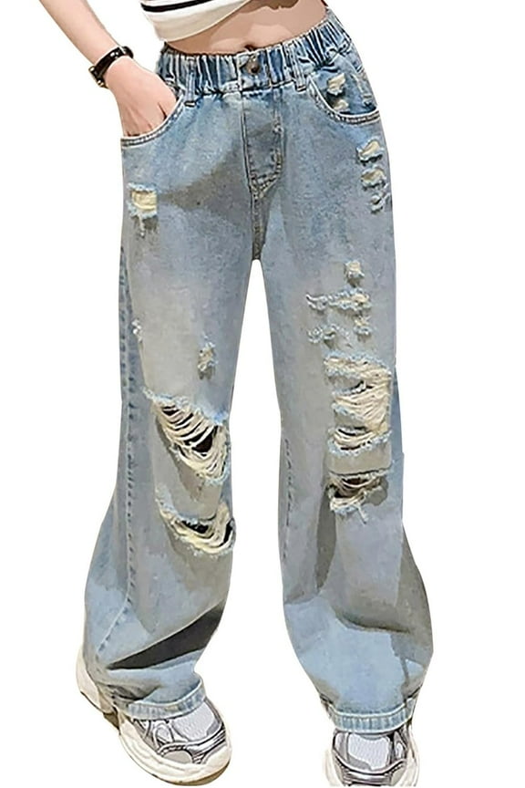 Girls Baggy Jeans High Waisted Cool Ripped Straight Leg Trendy Girls Clothes Age 5-14 Years